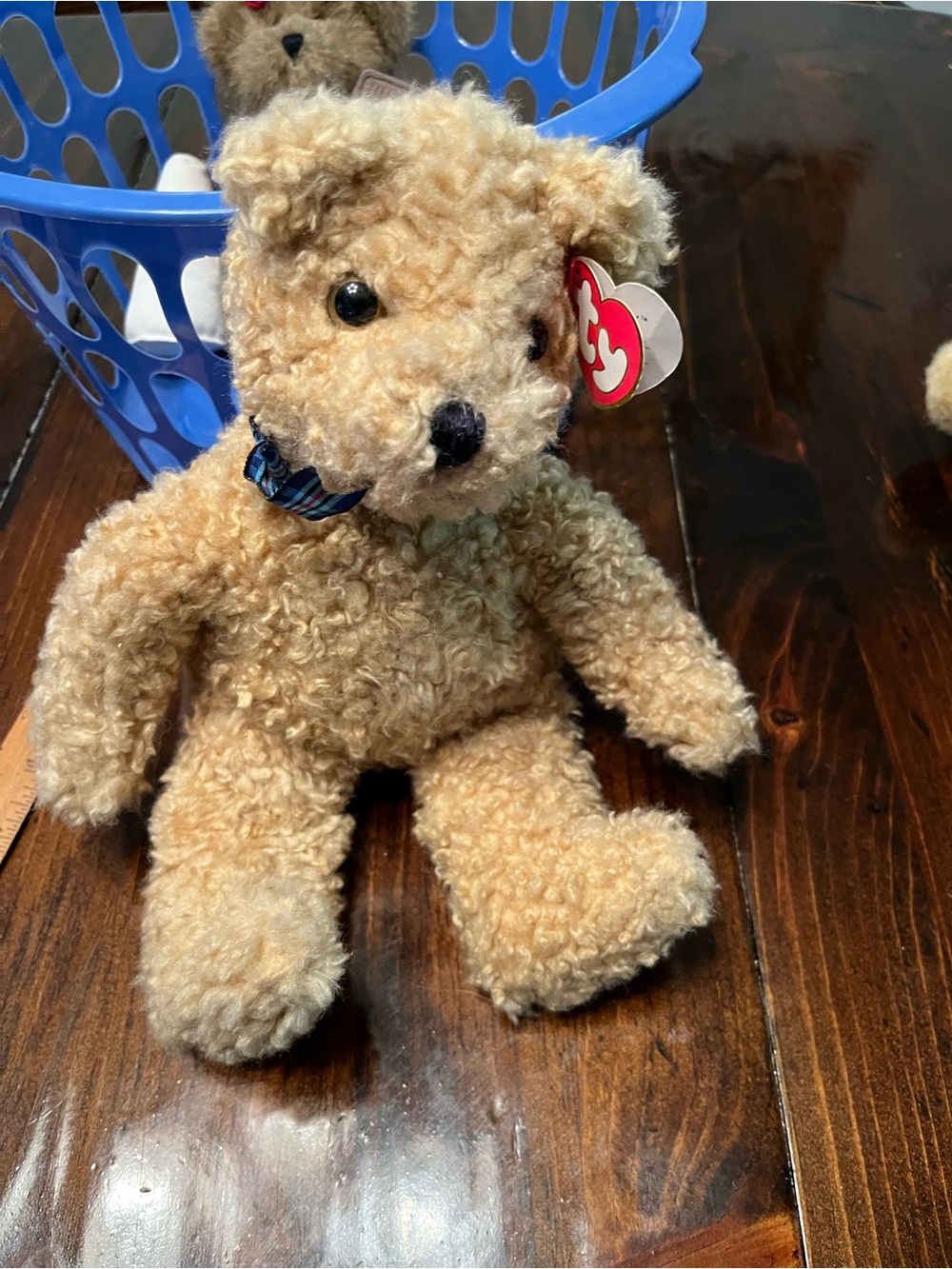Ty Curly Fur Teddy Bear in Tan with Blue Collar